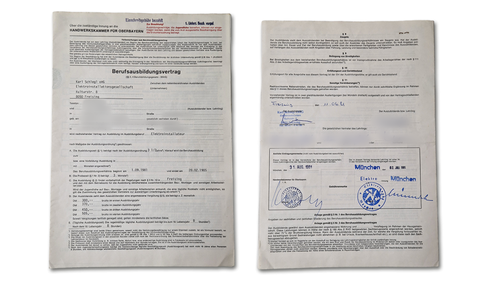 Elektro Schlegl Elektriker Freising Ausbildungsvertrag 1981
